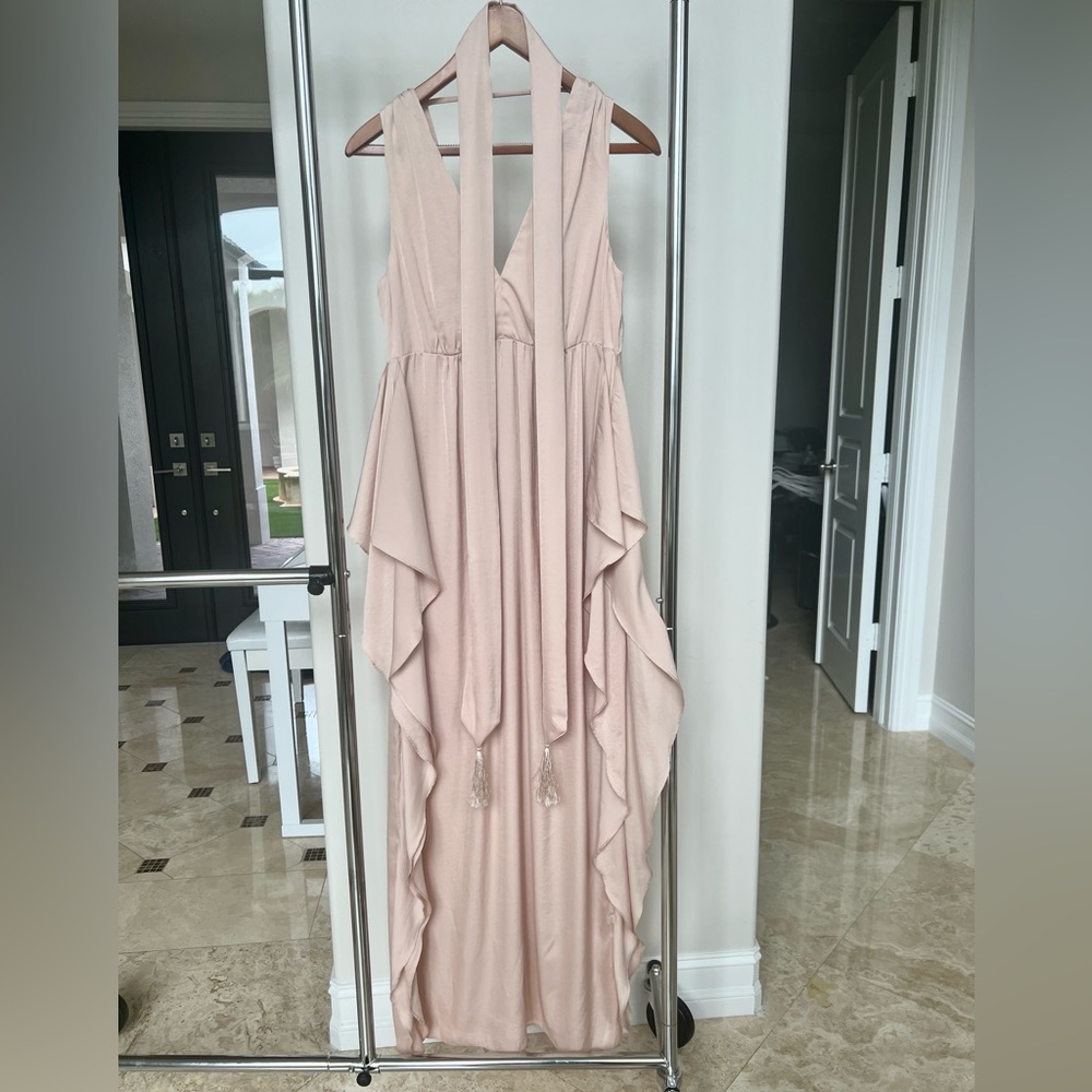 Blush pink silk floor length dress with ruffle detail